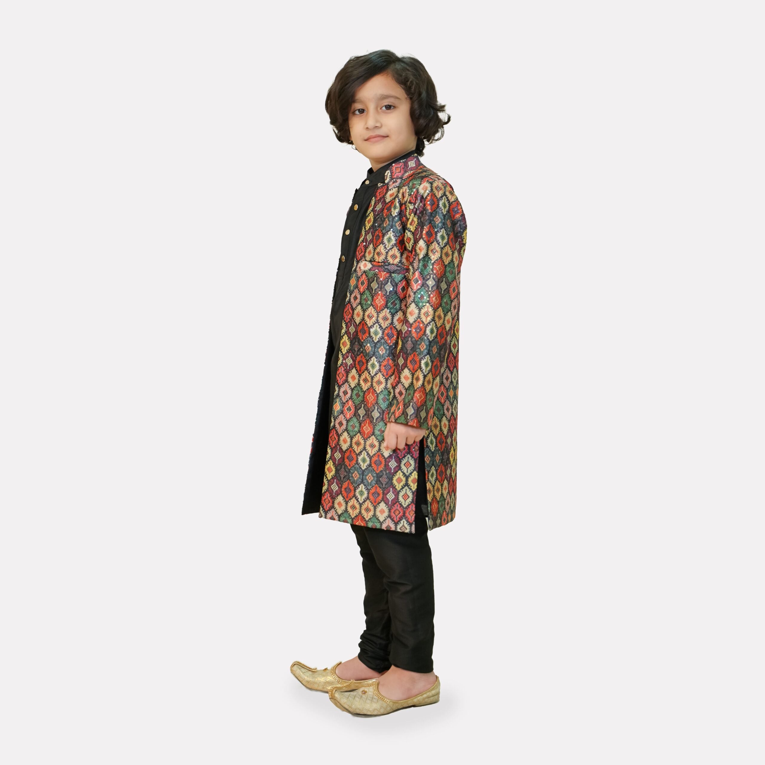 Black multicolor jacket with cotton silk kurta pajama set