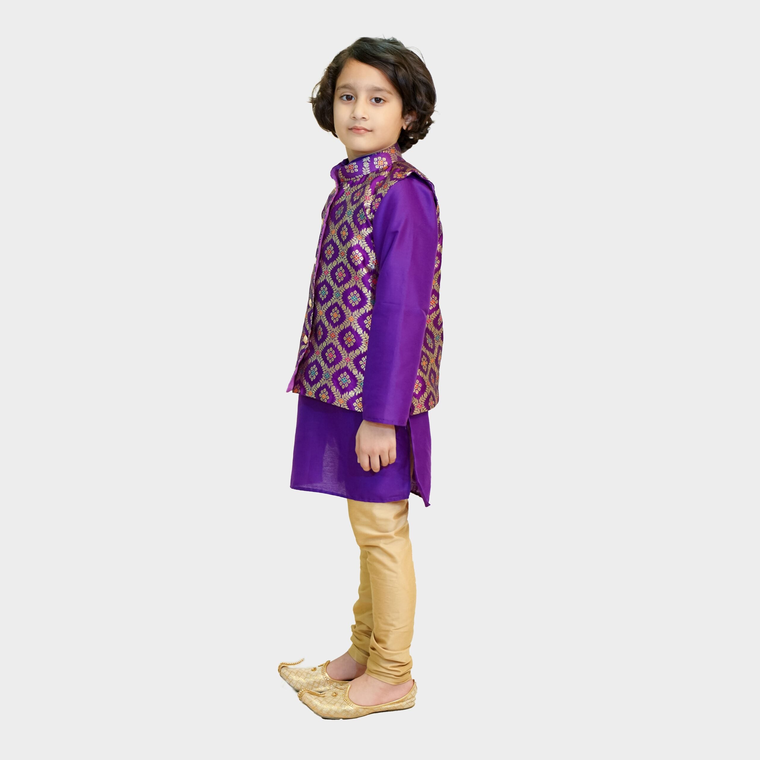 Purple Brocade Nehru Jacket with a purple kurta and Gold Pajama