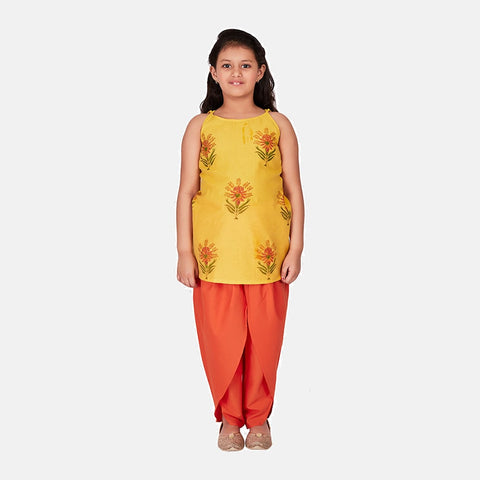 Chanderi Kurta with Cotton Tulip Pants, Yellow & Red