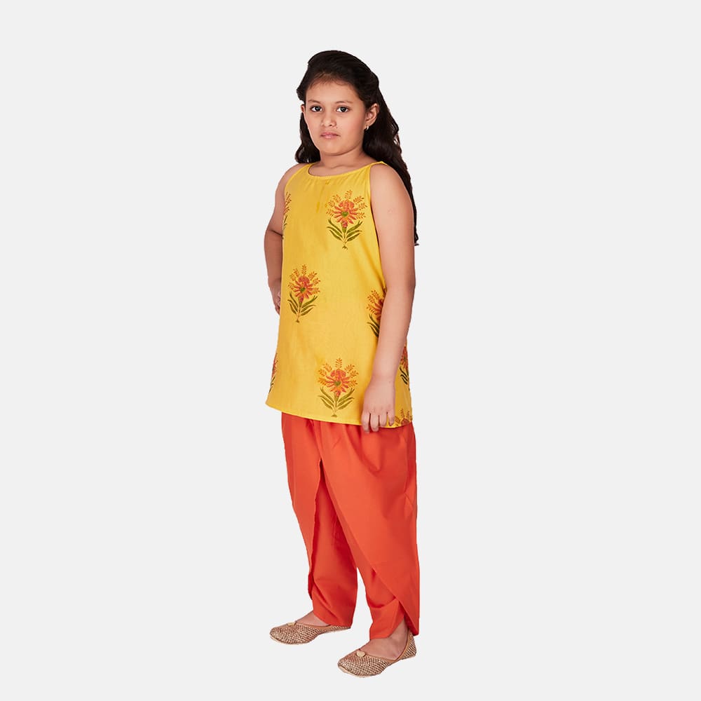 Chanderi Kurta with Cotton Tulip Pants, Yellow & Red