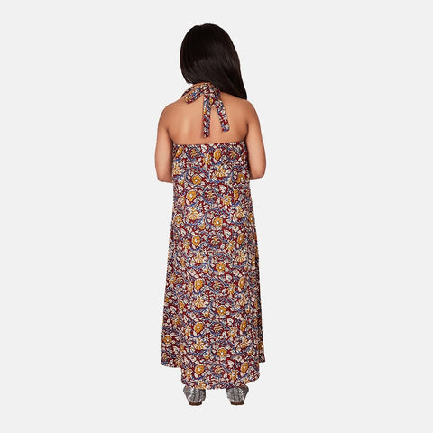 Cotton Kalamkari Printed Long Dress, Dark Brown Multicolor Print