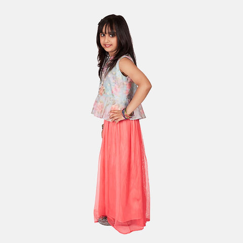 Katan Silk Peplum Top with Net Skirt, Sky Blue top with Fuschia Pink Skirt