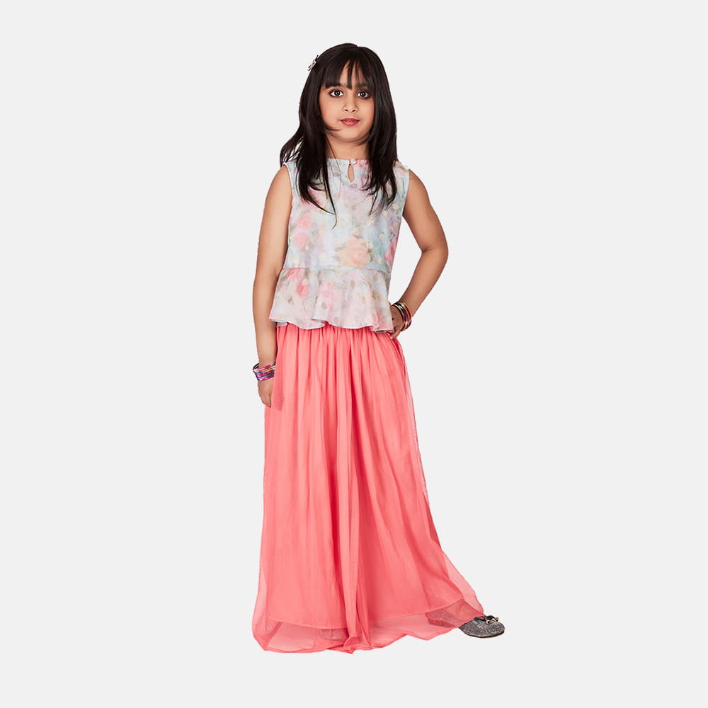 Katan Silk Peplum Top with Net Skirt, Sky Blue top with Fuschia Pink Skirt