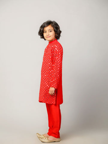 Red Mirror Embroidery Georgette Kurta and Silk Pajama Set