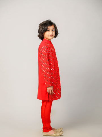 Red Mirror Embroidery Georgette Kurta and Silk Pajama Set