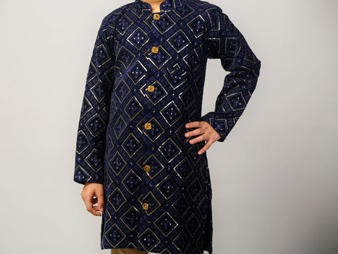 Blue Embroidered velvet Kurta and Silk Pajama Set