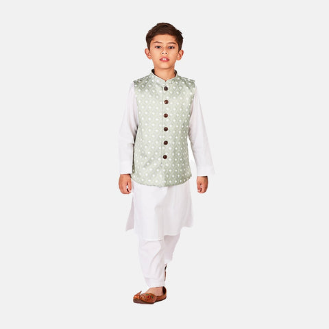 Cotton Kurta Pajama with Nehru Jacket White & Light Green