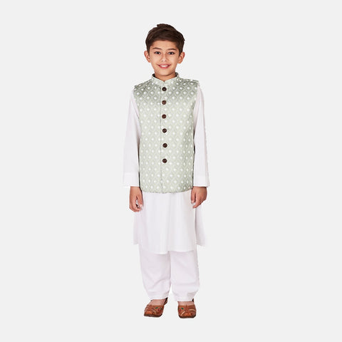 Cotton Kurta Pajama with Nehru Jacket White & Light Green