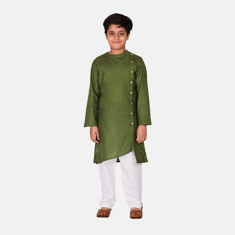 Cotton Linen Kurta Pajama Set Green, White