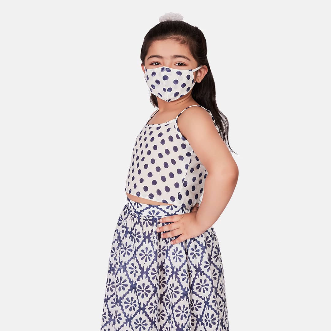 Handblock cotton Crop Top and Skirt, White and blue
