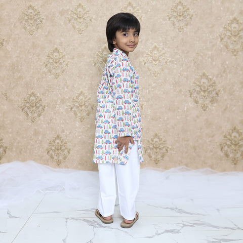 White Cotton Kurta Pajama set With Car Print