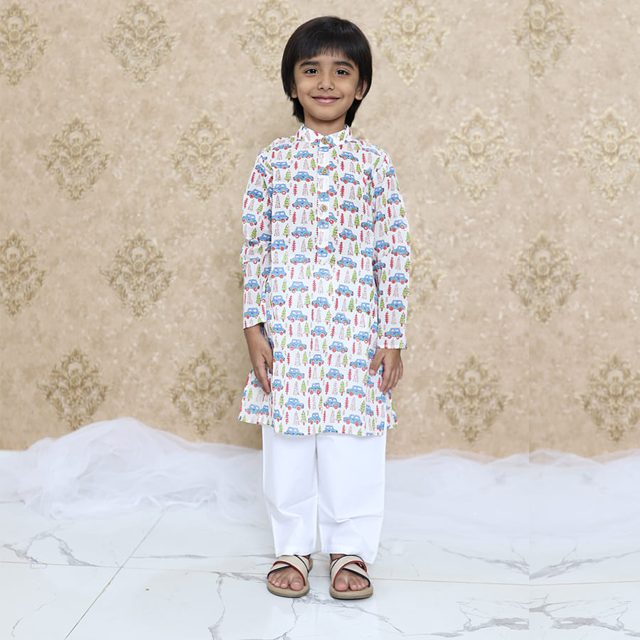 White Cotton Kurta Pajama set With Car Print