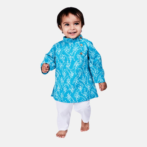 Cotton Katha Work Kurta Pajama Set, Blue Print