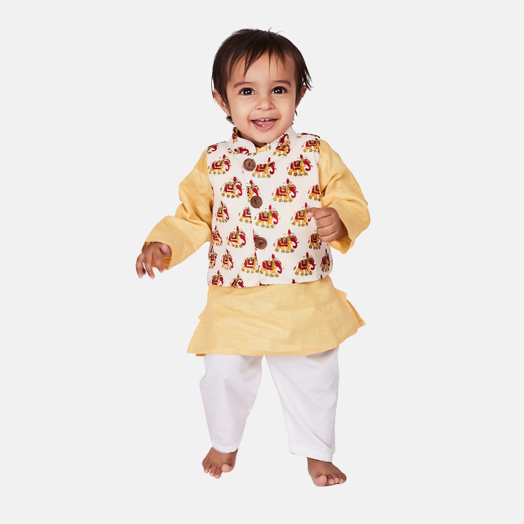 Kurta Pajama with Nehru Jacket, Yellow