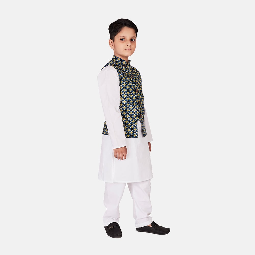 Cotton Kurta Pajama with Nehru Jacket, Blue Green & White