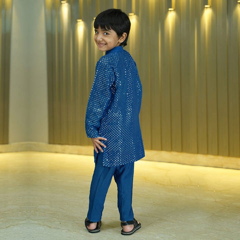 Blue Mirror Embroidery Georgette Kurta and Silk Pajama Set