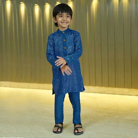 Blue Mirror Embroidery Georgette Kurta and Silk Pajama Set