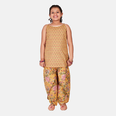 Cotton Printed Kurta with Tulip Pants and Dupatta, Yellow & Pink