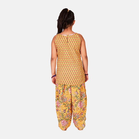 Cotton Printed Kurta with Tulip Pants and Dupatta, Yellow & Pink