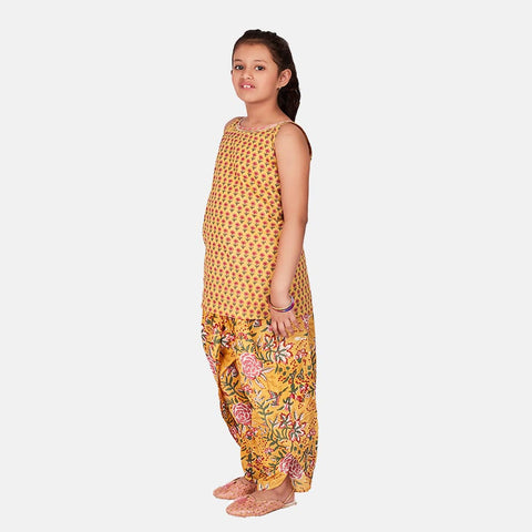 Cotton Printed Kurta with Tulip Pants and Dupatta, Yellow & Pink