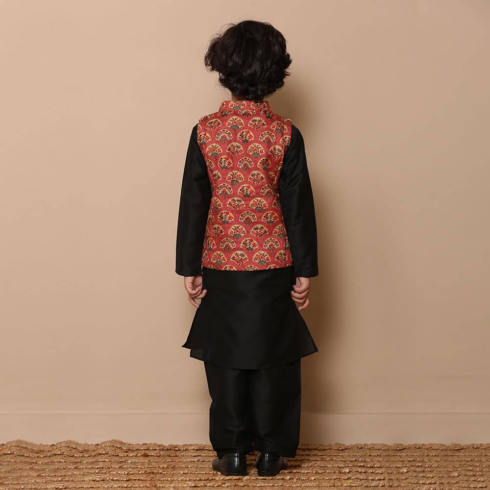 Silk Maroon Nehru Jacket & Black Kurta Pajama Set