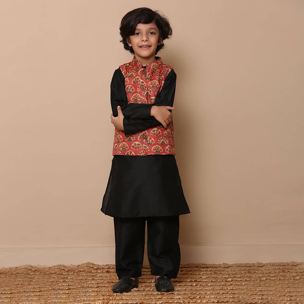 Silk Maroon Nehru Jacket & Black Kurta Pajama Set