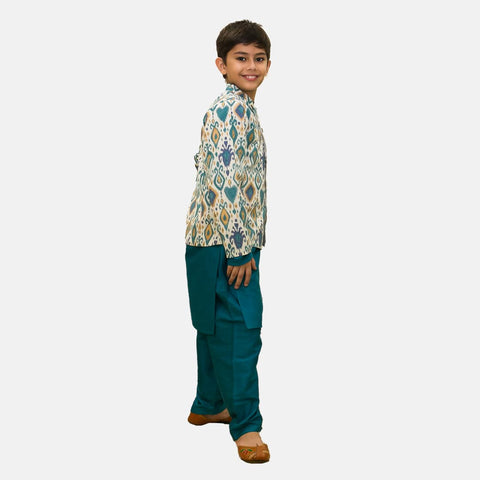 Ikkat Print Jacket with Teal Blue Kurta and Pajama Set