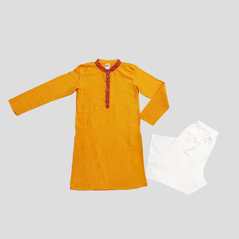 Cotton Silk Kurta Pajama Set, Yellow & Red